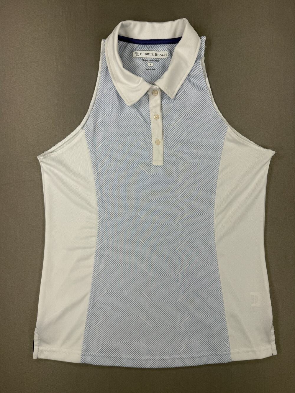 PEBBLE BEACH Performance Women's Small Blue Geo Sleeveless Polo Golf Top NWOT